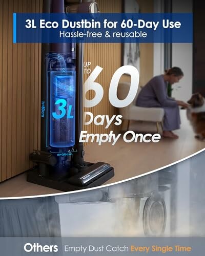 Vacuum with 3L eco dustbin for 60-day use, woman with dog in background.