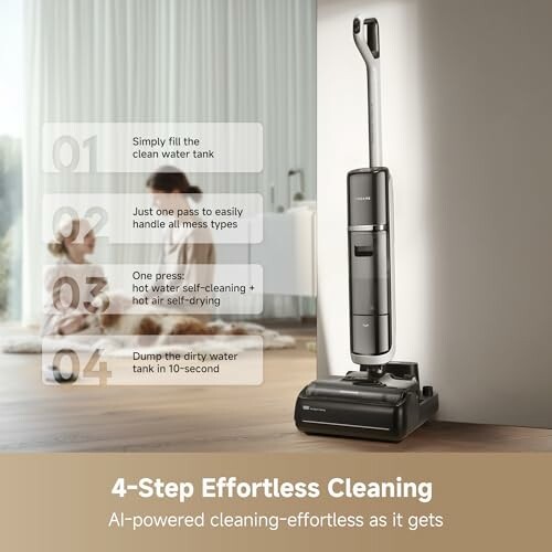 Four-step effortless cleaning system with AI-powered vacuum cleaner.