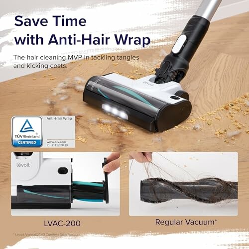 Vacuum cleaner with anti-hair wrap technology cleaning floor.