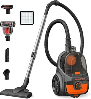 Aspiron canister vacuum cleaner with attachments and HEPA filter.