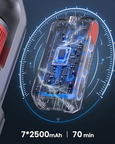 Tech illustration of a battery with circuitry and energy symbols