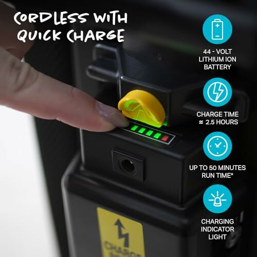 Close-up of a cordless device with quick charge, showing a lithium-ion battery, charging time, run time, and indicator light.