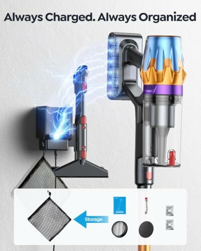 Cordless vacuum and charging station on wall.