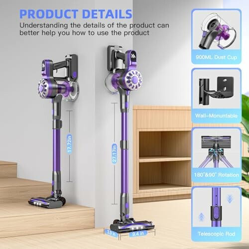 Cordless vacuum cleaner features and measurements.