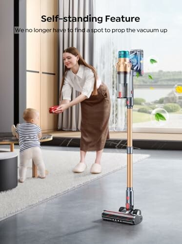 Woman and child with self-standing cordless vacuum cleaner in living room.