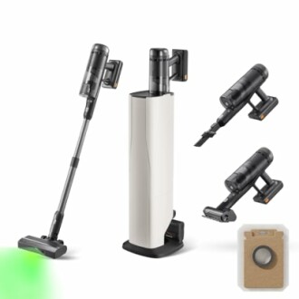 Cordless vacuum cleaner set with accessories and docking station.