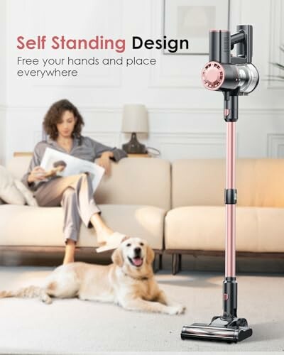 Cordless vacuum cleaner with self-standing design in a living room with a woman and dog.