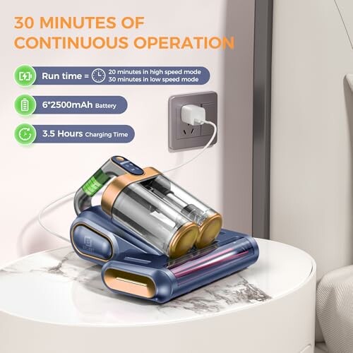 Cordless vacuum cleaner charging on a table.