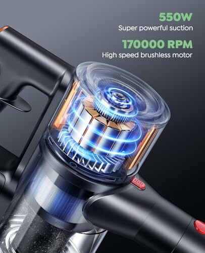Cordless vacuum cleaner with 550W power and 170000 RPM brushless motor