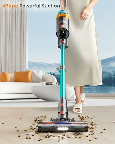 Cordless vacuum cleaner with powerful suction on a floor.