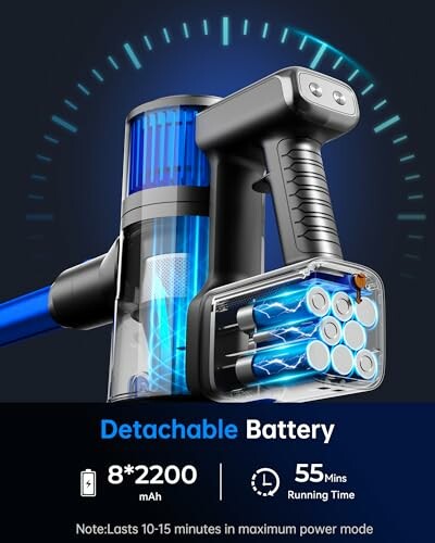 Cordless vacuum with detachable battery and 55-minute runtime.