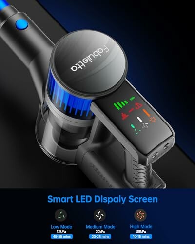 Cordless vacuum with smart LED display screen and multiple modes.