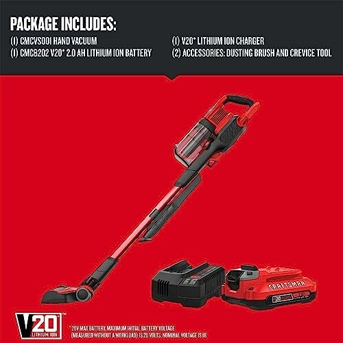 Craftsman hand vacuum package with vacuum, charger, battery, and accessories.