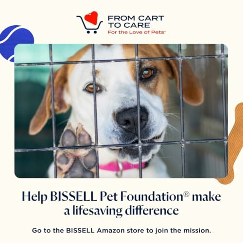A dog behind a shelter cage with text about supporting BISSELL Pet Foundation.