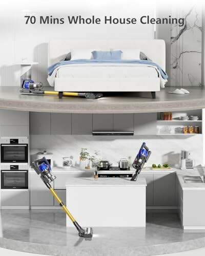 Vacuum cleaner demonstrating whole house cleaning in bedroom and kitchen.