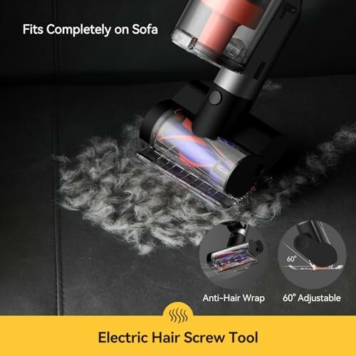 Electric hair screw tool cleaning hair on a sofa.