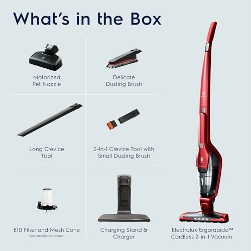Electrolux Ergorapido vacuum with accessories: pet nozzle, dusting brush, crevice tools, filter, charging stand.