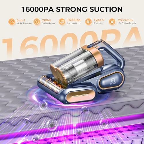 Handheld vacuum cleaner with 16000PA strong suction on a mattress.