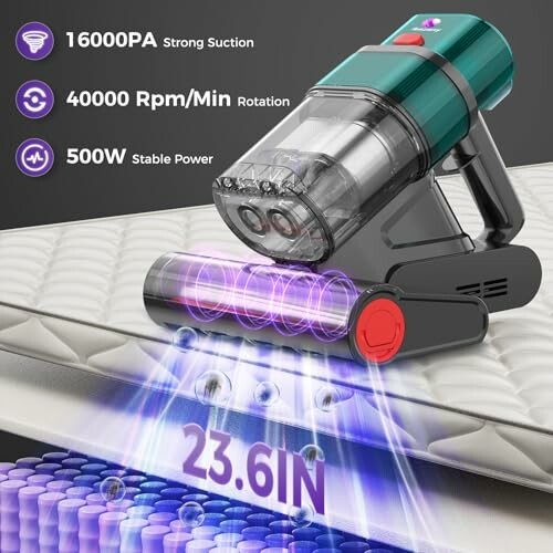 Handheld vacuum cleaner with specifications for suction, rotation, and power.