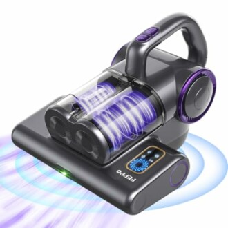 Handheld vacuum cleaner with transparent chamber and LED display.