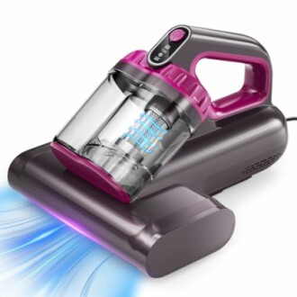 Handheld vacuum cleaner with purple accents and blue light