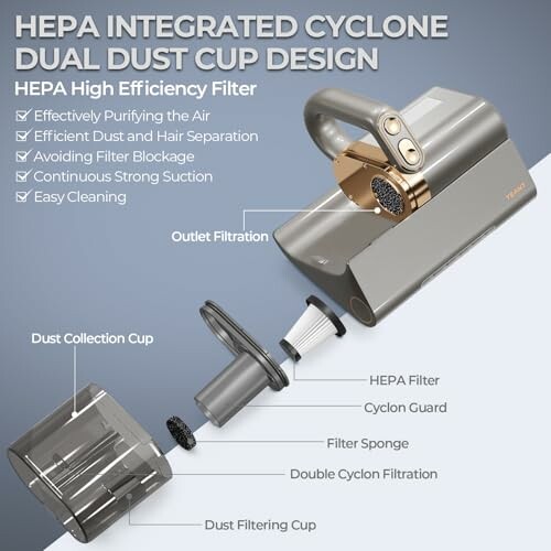 HEPA integrated cyclone with dual dust cup design and filtration components.