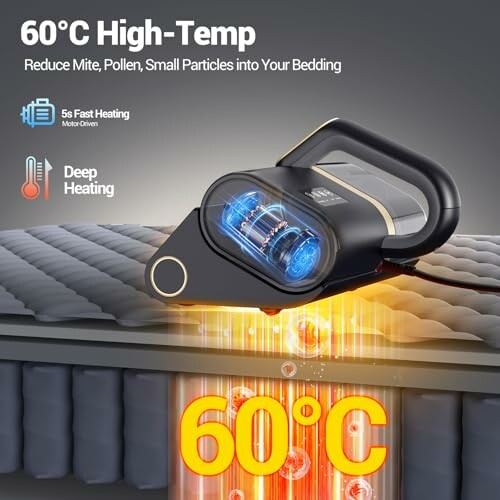 High-temperature bed cleaner demonstrating 60°C heating for mite and pollen reduction.