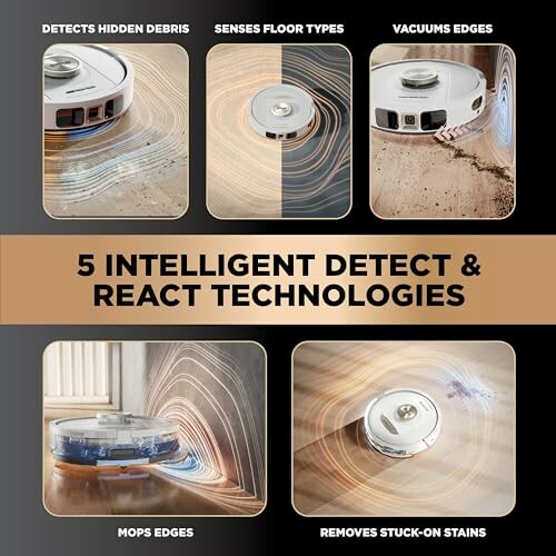 Robot vacuum showcasing five intelligent features: detecting debris, sensing floor types, vacuuming edges, mopping edges, and removing stains.