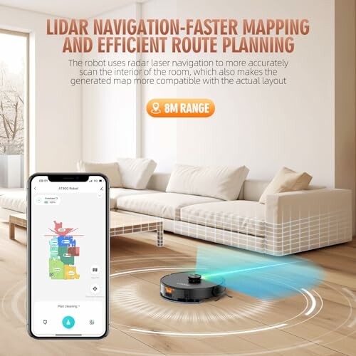 Robot vacuum with lidar navigation and smartphone control in a living room.