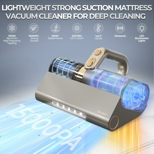 Lightweight strong suction mattress vacuum cleaner with features highlighted.