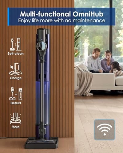 Multi-functional OmniHub vacuum cleaner with self-clean, charge, detect, and store features.