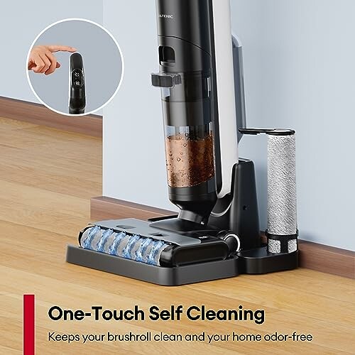 Vacuum with one-touch self-cleaning feature and brushroll cleaner.