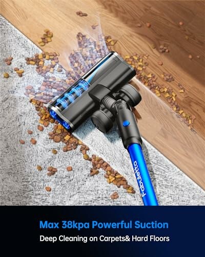 Vacuum cleaner demonstrating powerful suction on carpet and hard floor.