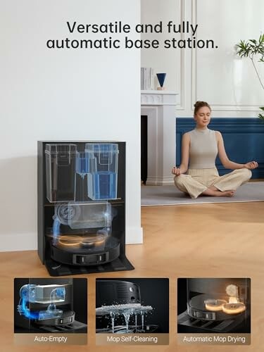Robot vacuum with automatic base station and person meditating.