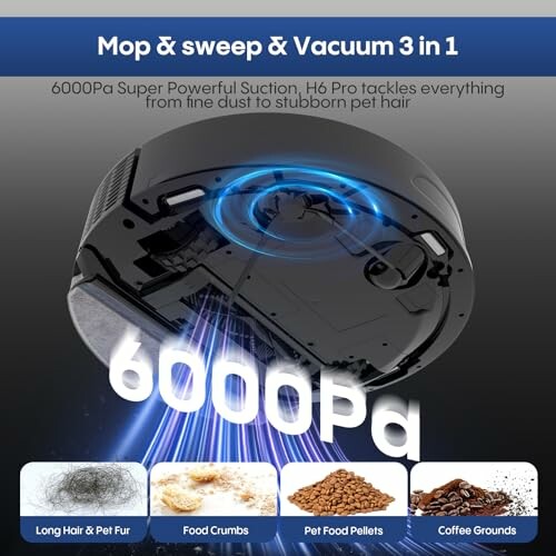 Robot vacuum cleaner with 6000Pa suction, mop, sweep, and vacuum features.