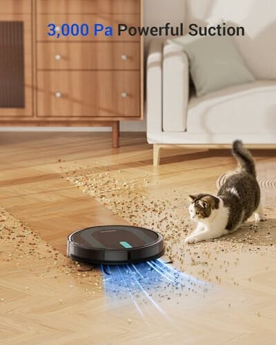 Robot vacuum cleaner with powerful suction near a cat on a wooden floor.