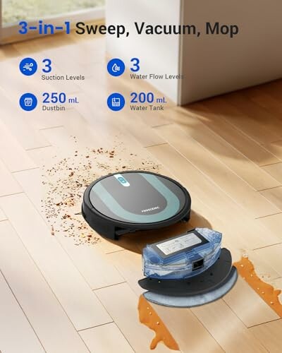 Robot vacuum cleaner on wooden floor with spilled liquid, showing suction and water flow levels.