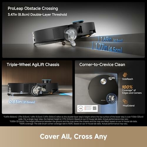 Robot vacuum cleaner highlighting obstacle crossing and cleaning features.