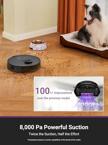 Robot vacuum cleaner near a dog, showcasing powerful suction with promotional text.