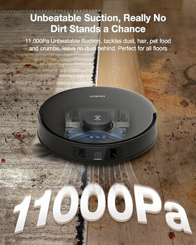 Robot vacuum with 11000Pa suction on wooden floor.