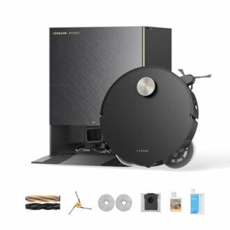 Robot vacuum cleaner with accessories including brushes, mop pads, and cleaning solution.