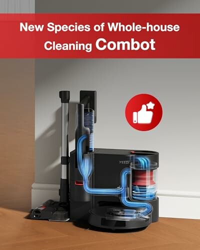 Robot vacuum cleaner at charging station with cleaning accessories.