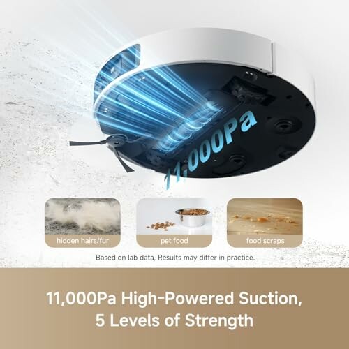 Robot vacuum with 11,000Pa suction and 5 strength levels.