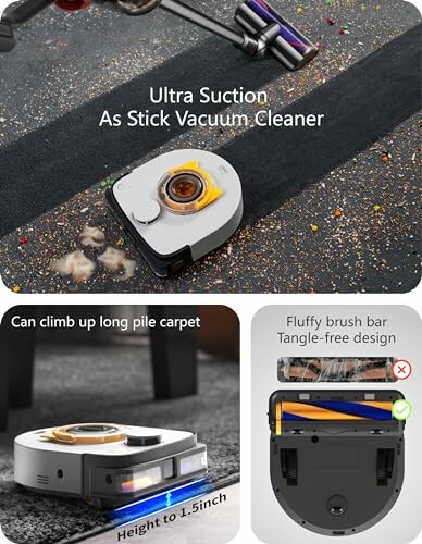 Robot vacuum cleaner on carpet with ultra suction and tangle-free design.