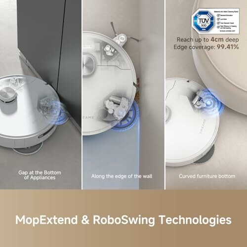 Robot vacuum demonstrating MopExtend and RoboSwing technologies.