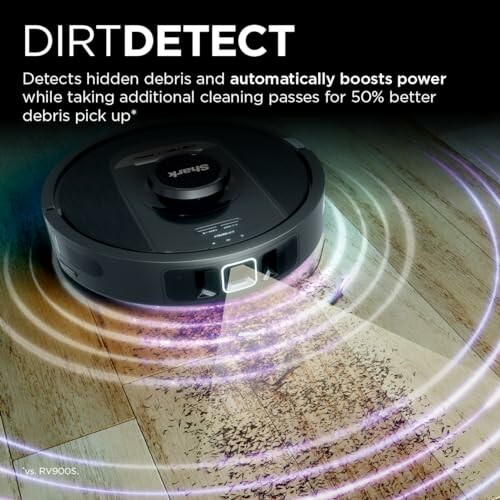 Robot vacuum with DirtDetect technology boosting power on a hardwood floor.