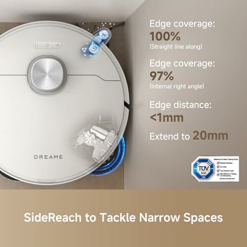 Robot vacuum demonstrating edge coverage and cleaning capabilities.
