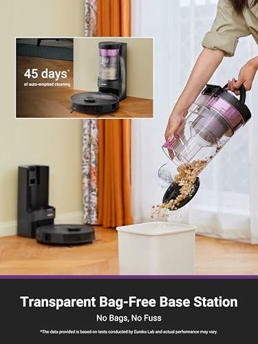 Person emptying robot vacuum container, showcasing 45 days of auto-emptying feature.