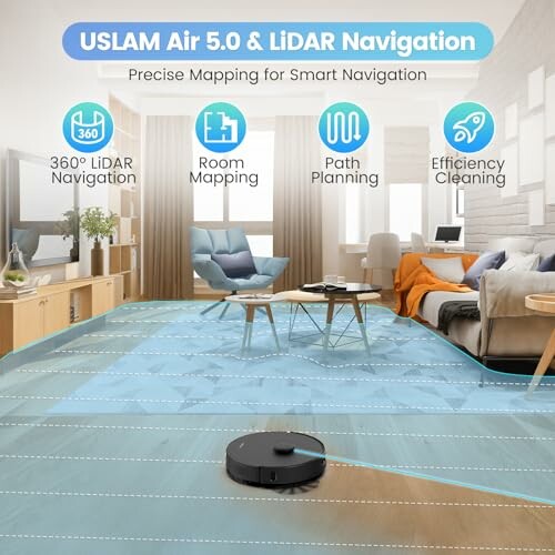 Robot vacuum with LiDAR mapping in a living room setting.