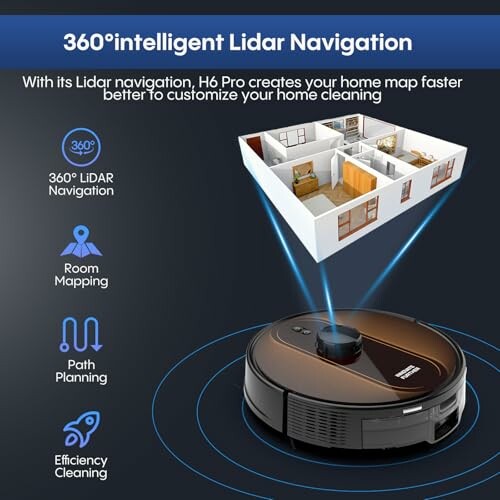 Robot vacuum with 360-degree LiDAR navigation and home mapping features.